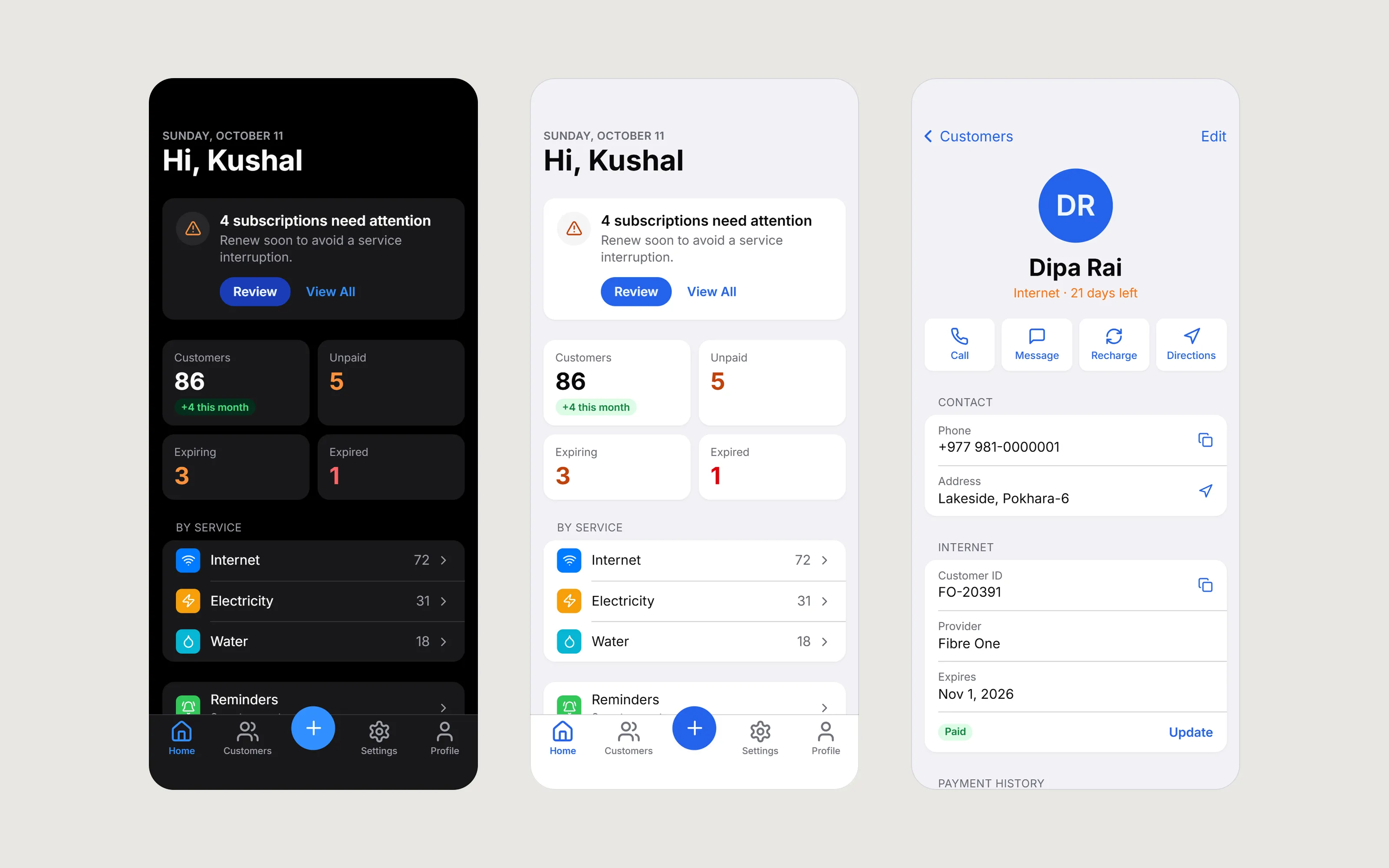 Three Customer Info App screens on a light board: Home in dark mode, Home in light mode with four subscriptions that need attention, and a customer's profile with call, message, recharge and directions buttons.