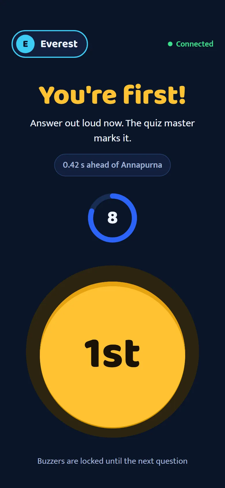 You're first: 0.42 seconds ahead of Annapurna, with an answer countdown.