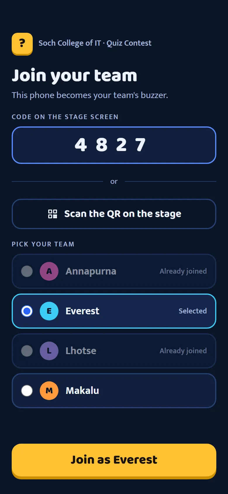 Join screen: the code from the stage screen, a QR option, and a list of teams to pick from.