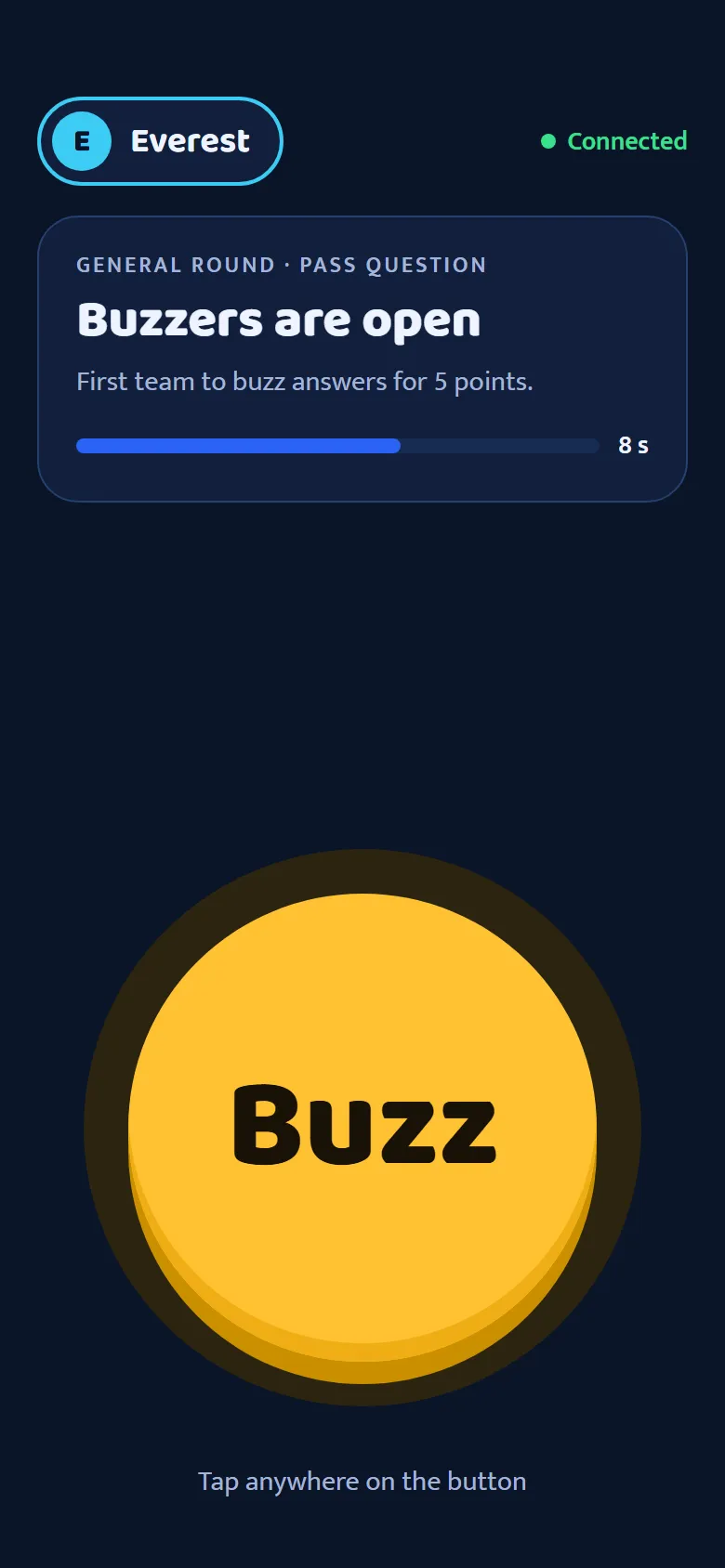 Buzzers open: a big Buzz button and a countdown.