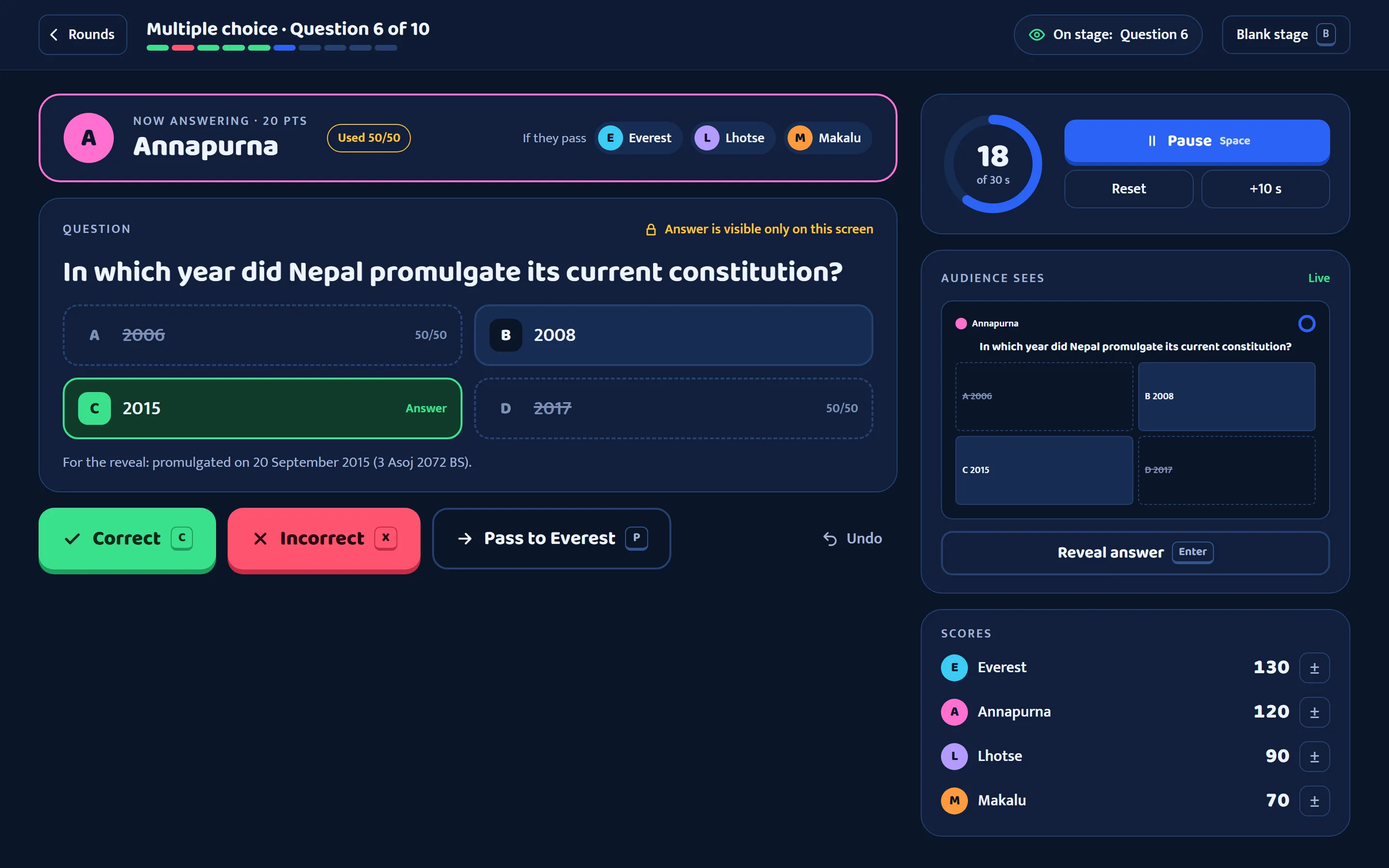 The quiz master's console during the same question, with the answer marked, Correct, Incorrect and Pass buttons, the timer, a preview of what the audience sees, and the scores.